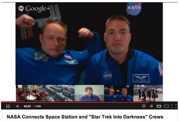 Astronauts Michael Fincke and Kjell Lindgren spoke with the "Star Trek" stars during a Google+ Hangout on May 16, 2013.