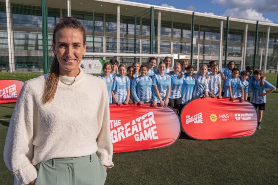 Former England Lionesses captain Jill Scott and players from Brent Schools football team at the launch of The FA's The Greater Game programme