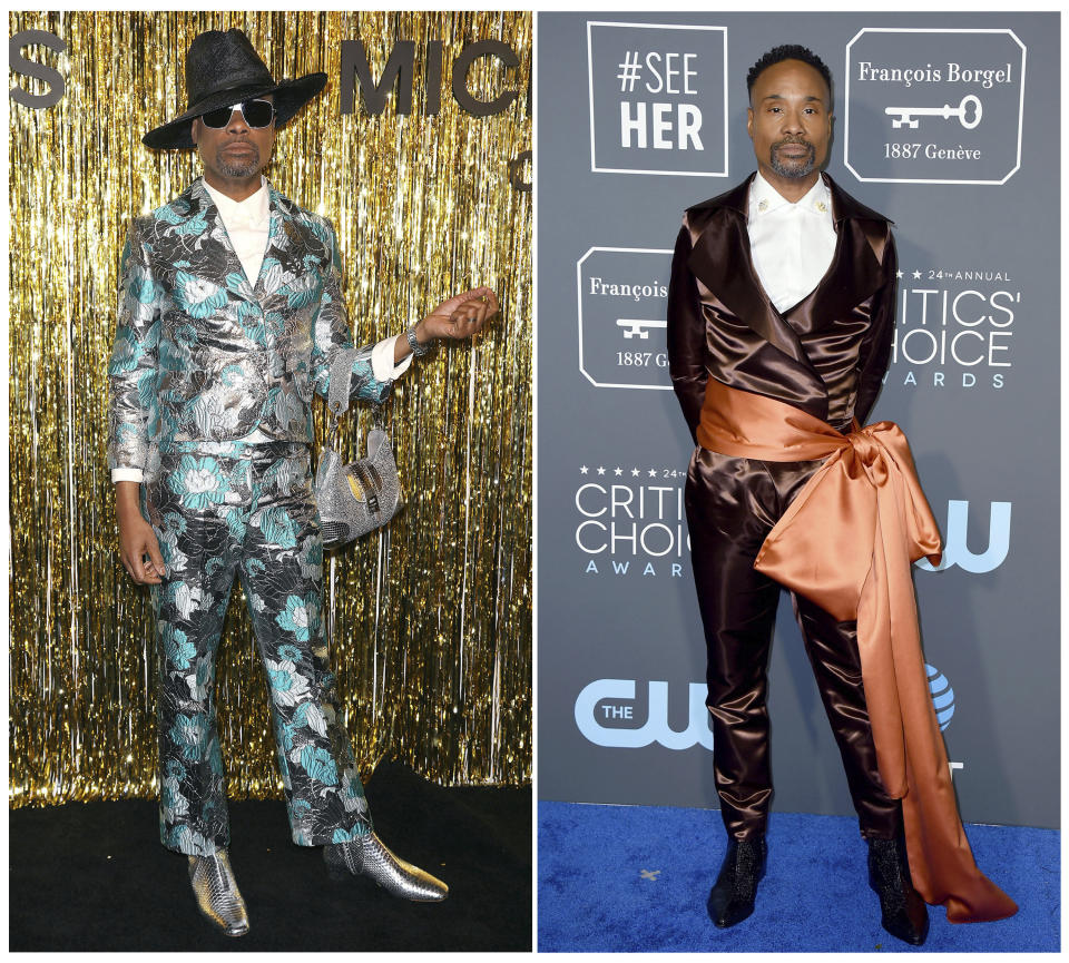 This combination photo shows actor Billy Porter arriving to view the Michael Kors collection during Fashion Week in New York on Feb. 13, 2019, left, and Porter at the 24th annual Critics' Choice Awards in Santa Monica, Calif., on Jan. 13, 2019. (AP Photo)