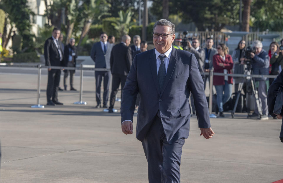 Morocco Prime Minister Aziz Akhannouch receives Spanish Prime Minister Pedro Sanchez at Rabat-Sale Airport in Rabat, Morocco, Wednesday, Feb. 1, 2023. Sanchez is on a two-day visit to Morocco for the Moroccan-Spanish Economic Forum. (AP Photo)