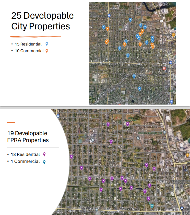 Two maps, presented to city commissioners on April 8, 2024, show developable surplus properties in the city, including those owned by the city and by the Fort Pierce Redevelopment Agency.