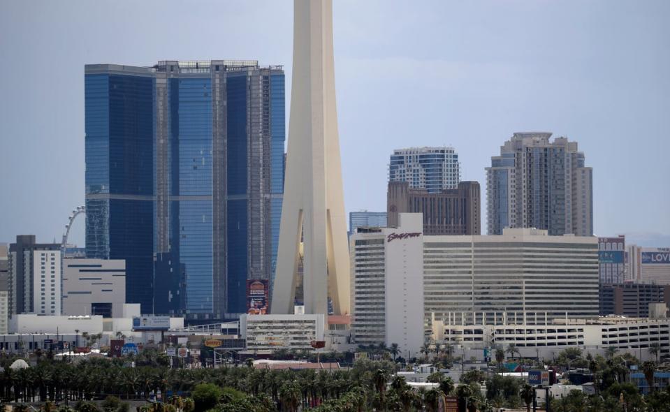 Fontainebleau Las Vegas is the blue building on the left (Copyright 2017 The Associated Press. All rights reserved.)