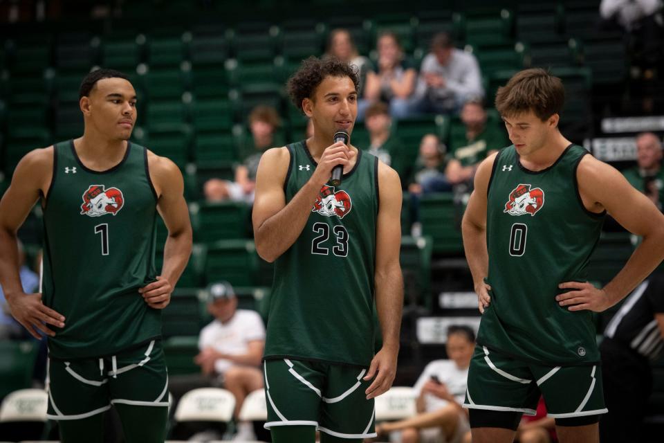 CSU men's basketball team players John Tonje, Isaiah Rivera (middle) and Trace Young introduce themselves before the CSU men's basketball homecoming scrimmage in Moby Arena on Saturday, Oct. 15, 2022.