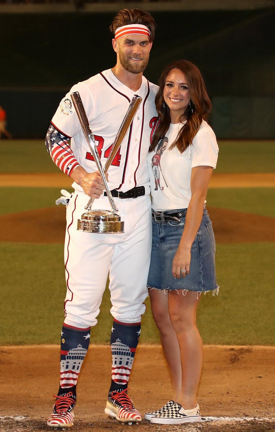 Bryce Harper #34 celebrates with his wife Kayla Varner during the T-Mobile Home Run Derby at Nationals Park on July 16, 2018 in Washington, DC