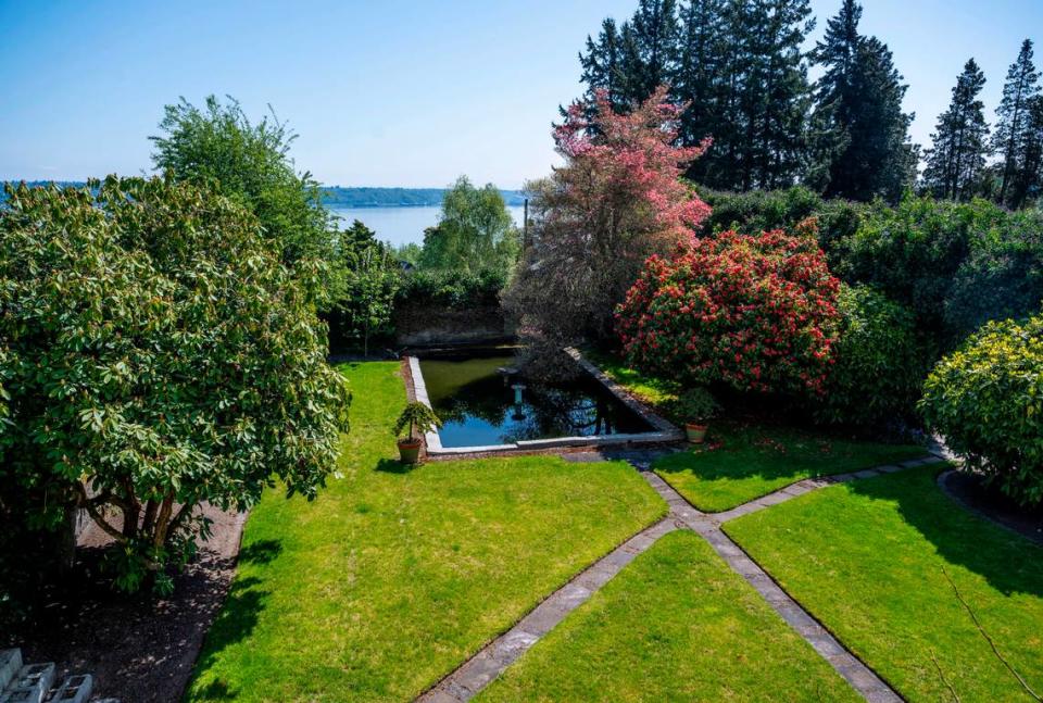 The backyard and garden area of furniture magnate Edwin Gregory’s former mansion on North Mason Avenue in Tacoma, Wash. on May 3, 2023.