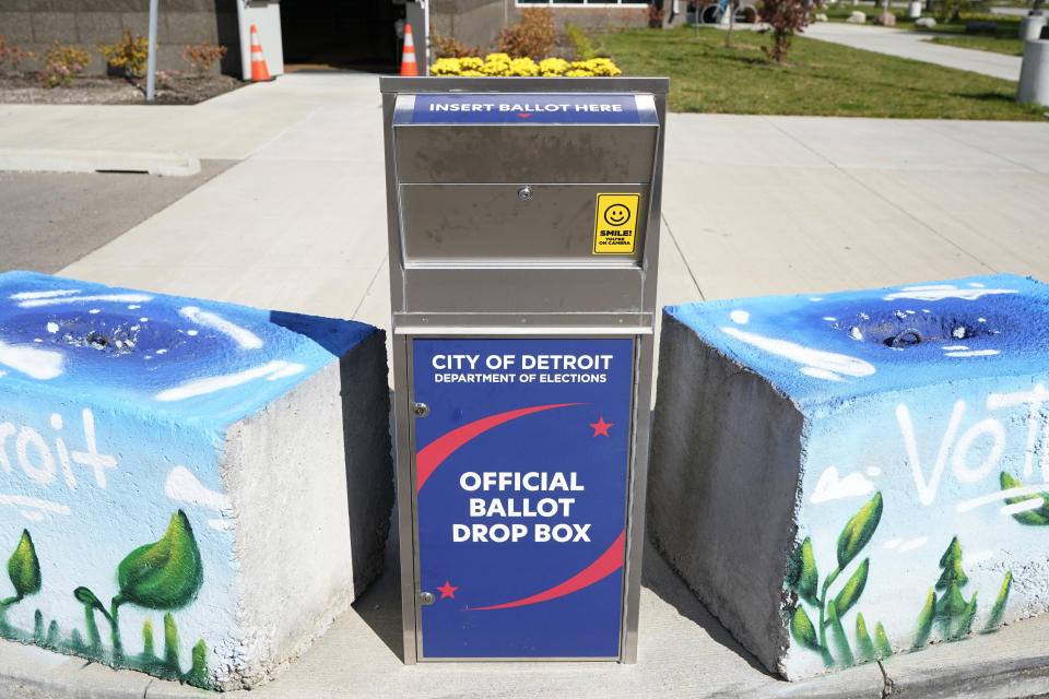 FILE - In this Oct. 16, 2020, file photo, a ballot drop box is shown where voters can drop off absentee ballots instead of using the mail in Detroit. President-elect Joe Biden shored up the Democrats' “blue wall,” — more sturdily in Michigan, more tenuously in Pennsylvania and Wisconsin — to rebuild the party's path back to the White House. (AP Photo/Carlos Osorio, File)