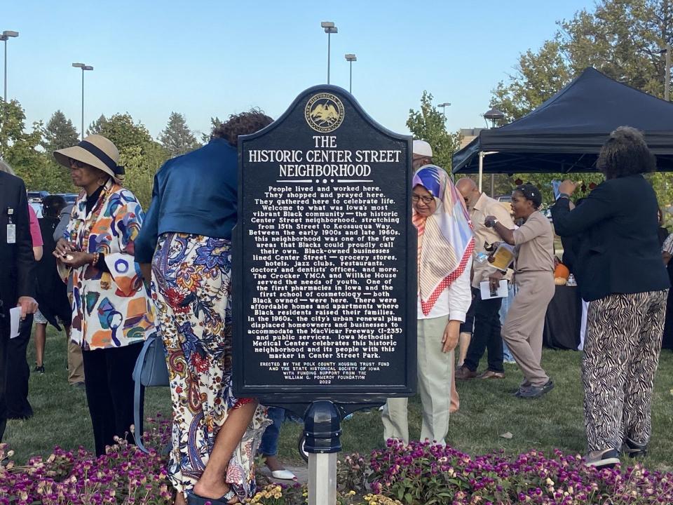 A historical marker for the Center Street neighborhood is unveiled Thursday, Oct. 5, in Des Moines.