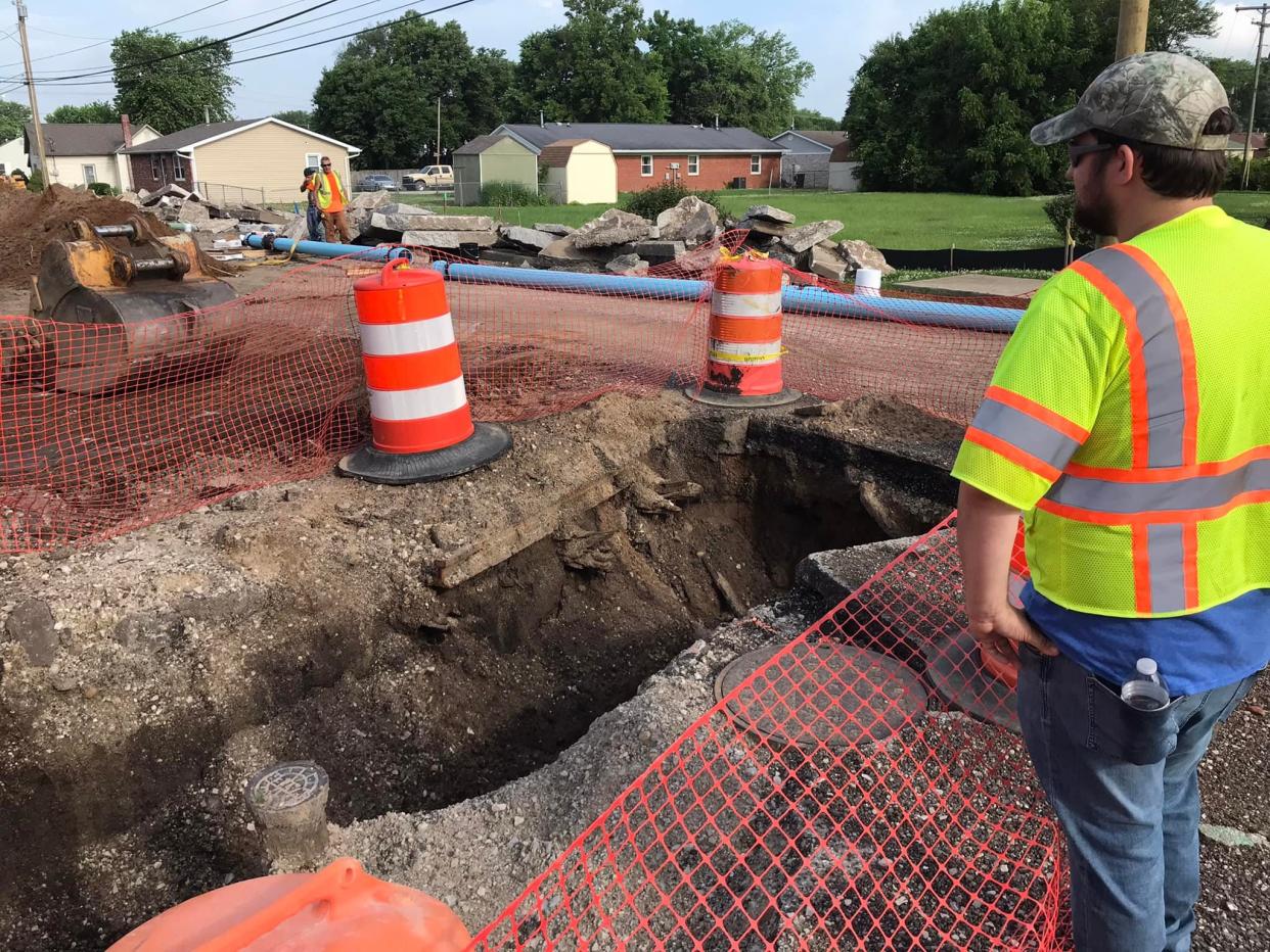 An old section of the Martinsville to Franklin railroad was unearthed by construction crews on South Street on Monday, June 13, 2022 (Darrell French/contributed photo).