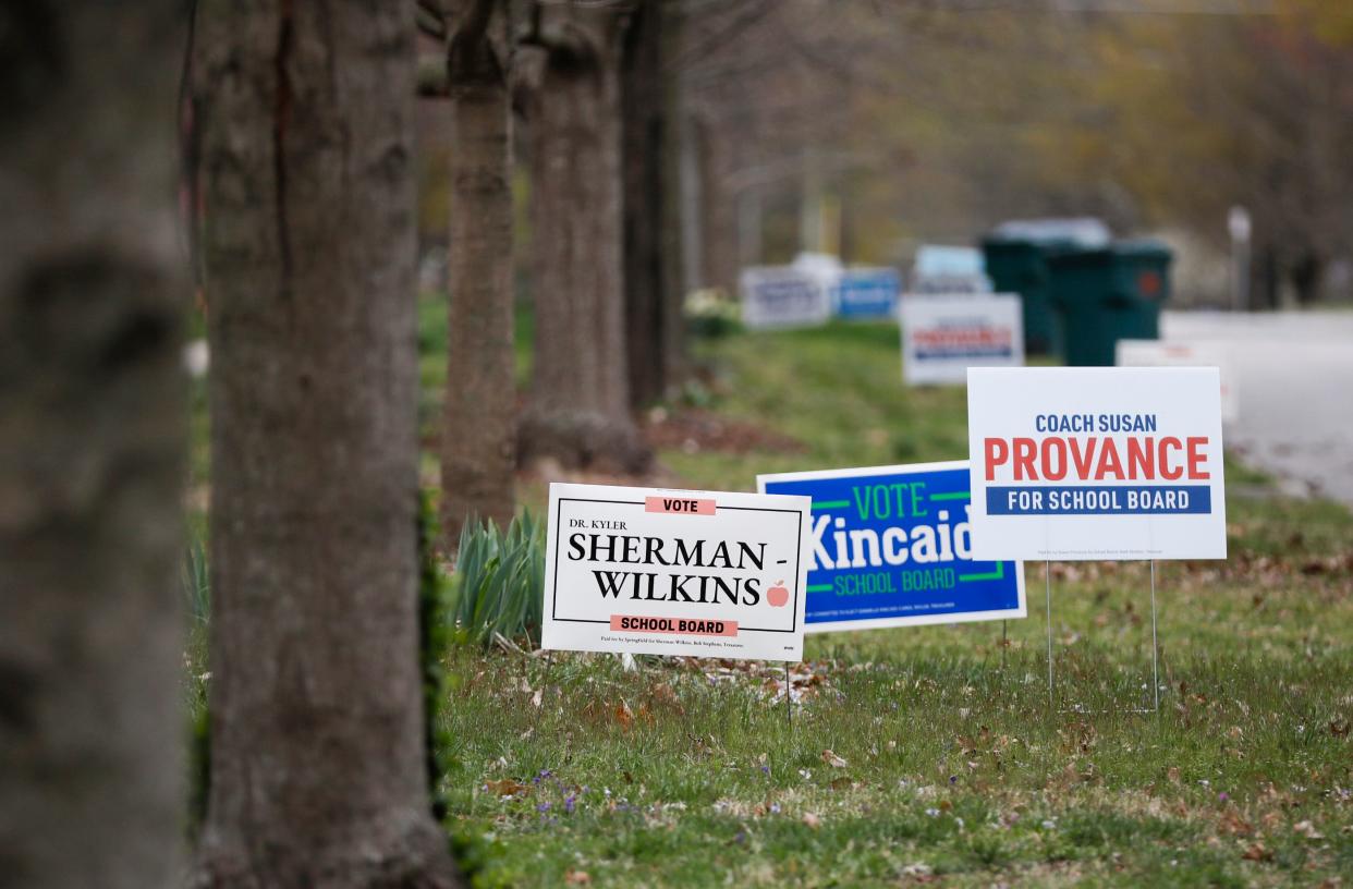 Campaign signs for candidates running for the Springfield Public Schools Board of Education on Tuesday, March 26, 2024.