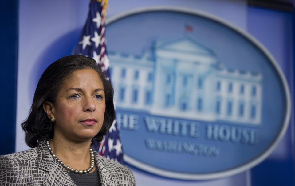 FILE - In this March 21, 2014, file photo National Security Adviser Susan Rice listens to reporters questions during a briefing in the Brady Press Briefing Room of the White House in Washington. Democratic presidential nominee Joe Biden is in the final stages of selecting his running mate. Among the contenders is Susan Rice, who worked closely with Biden in the Obama administration and regularly briefed him on pressing foreign policy matters when she served as national security adviser. (AP Photo/Manuel Balce Ceneta, File)