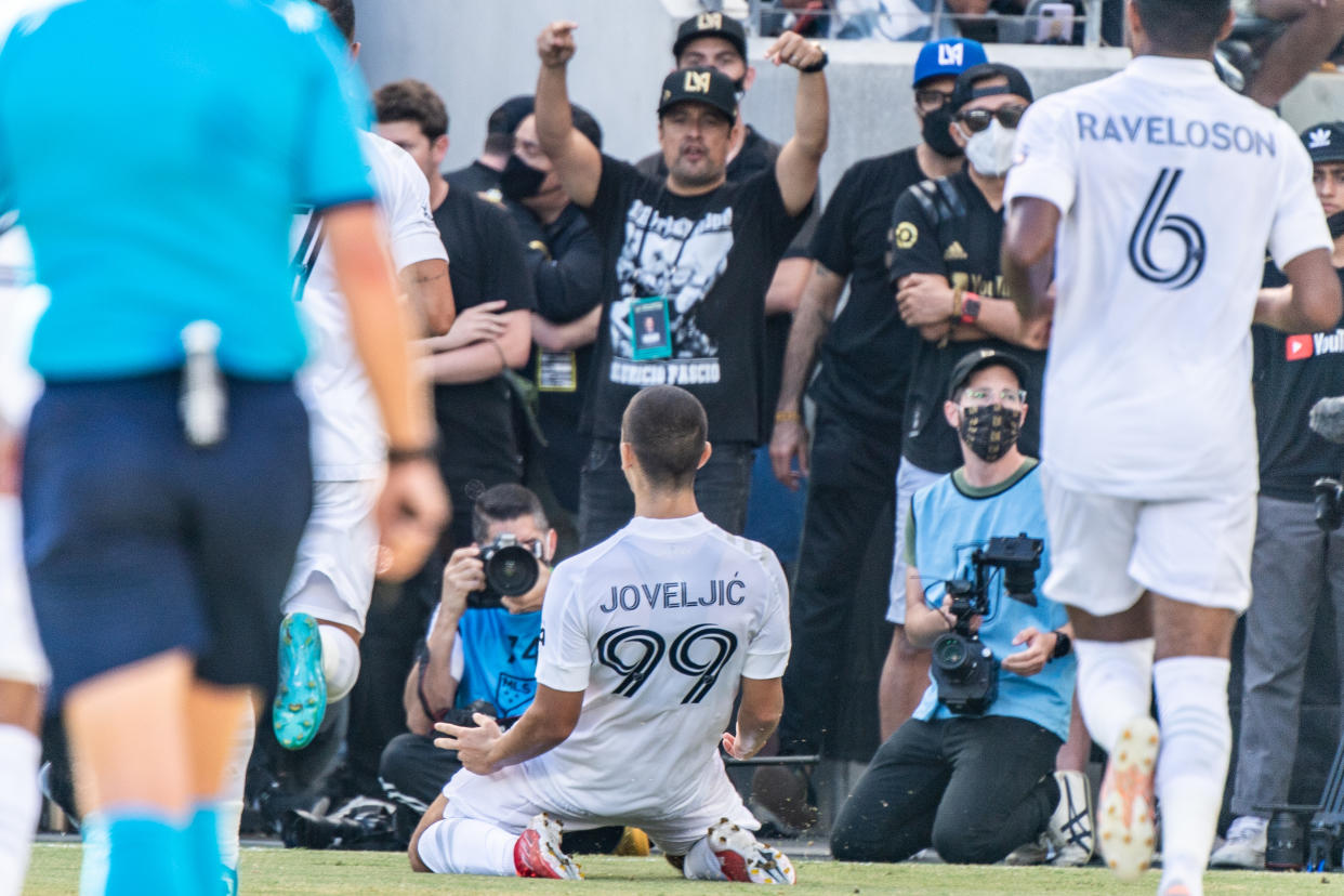 Dejan Joveljić (99) scored twice as the Galaxy left Banc of California Stadium with a point on Saturday. (Photo by Shaun Clark/Getty Images)