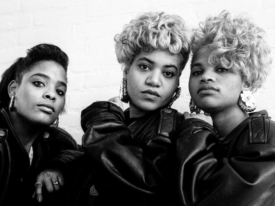 Portrait of American r&b and hiphop/rap trio Salt-n-Pepa, Hilversum, Netheralnds, 1 November 1988. L-R Deidra Roper (DJ Spinderella), Cheryl James (Salt) and Sandra Denton (Pepa).