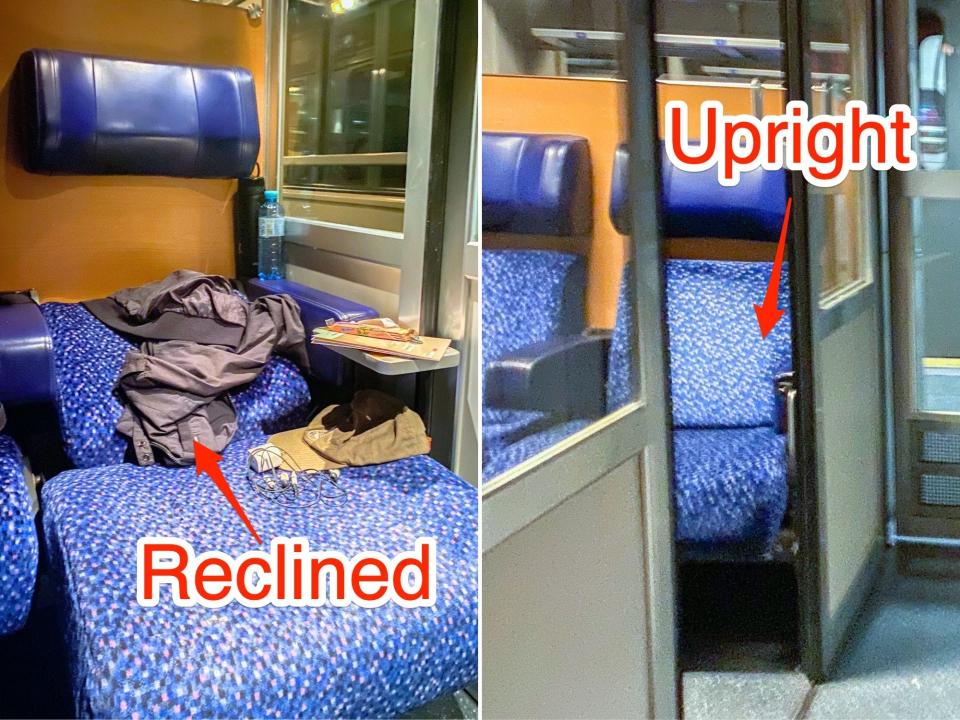 Left: A plush, blue train seat partially reclined with a detached head rest connected to the wooden wall behind it. Right: A blue chair on the right in a room with an open door. Seat is upright.