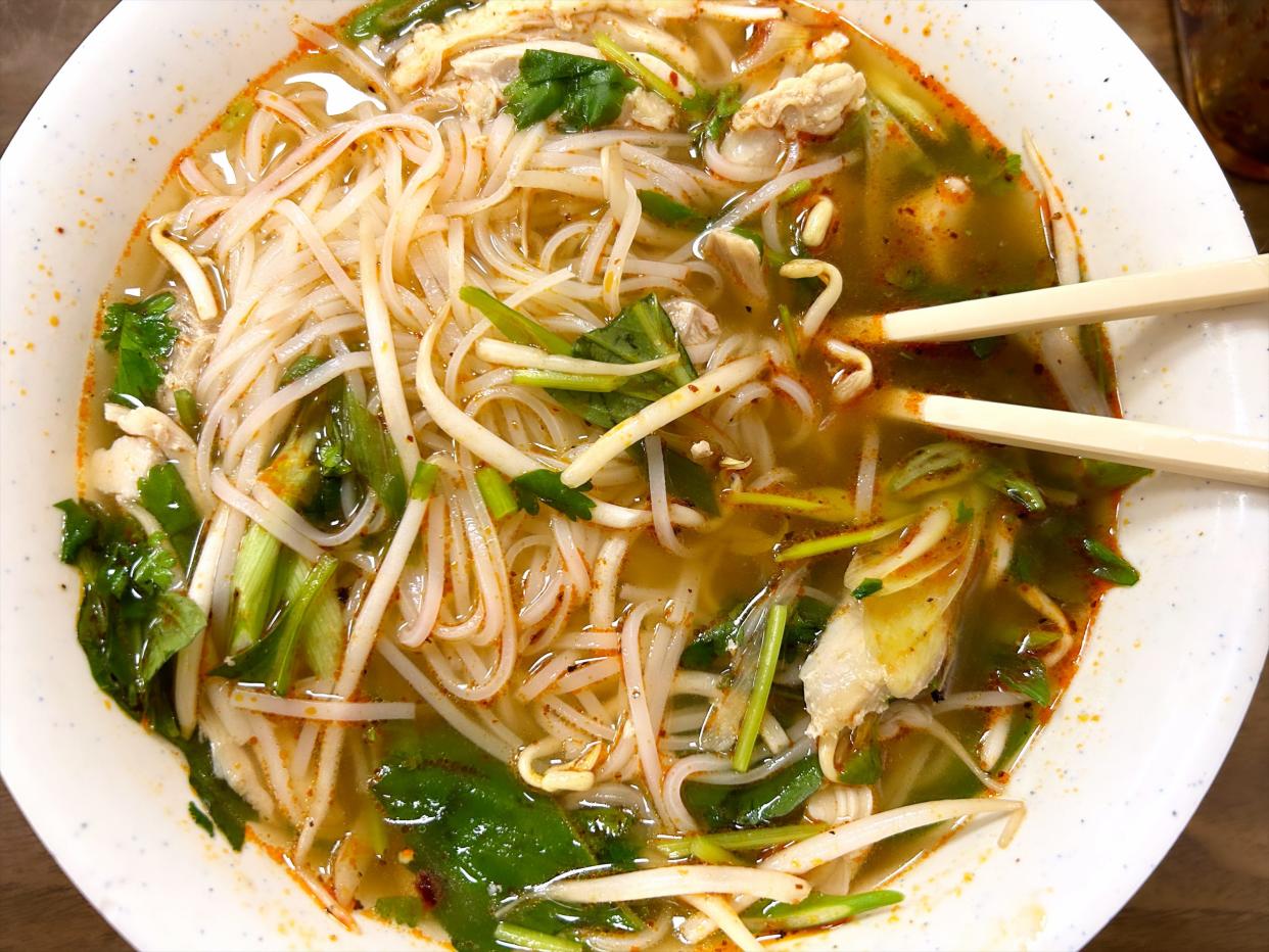 The chicken pho at Silver City's Vientiane Noodle Shop comes with chicken, broth, rice noodles, cilantro and green onion with a side of basil, bean sprouts and lime wedges.