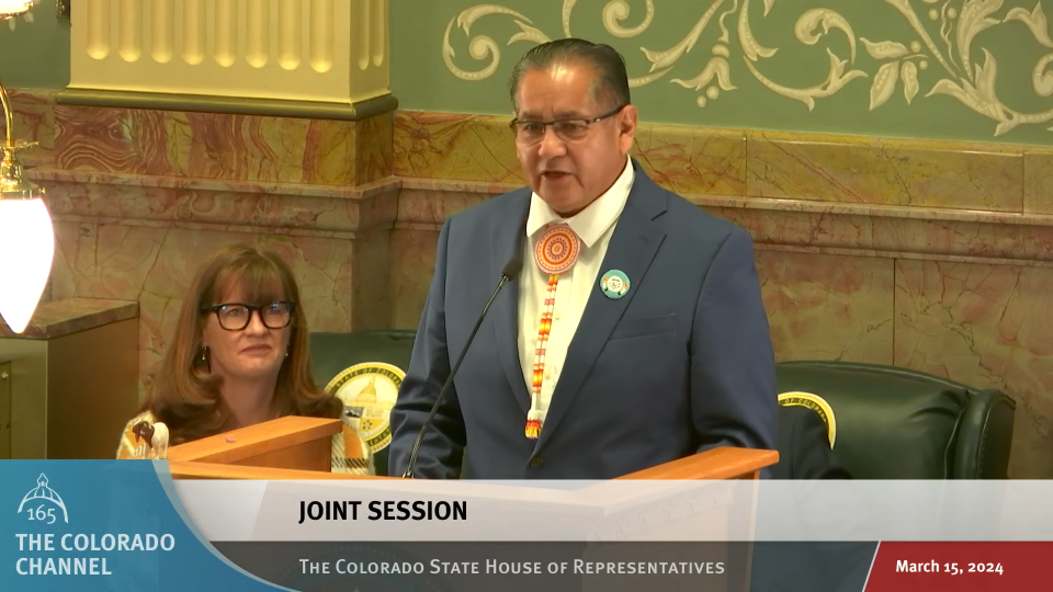 In this screenshot, Chairman Melvin J. Baker of the Southern Ute Indian Tribe addresses the Colorado General Assembly on March 15, 2024.