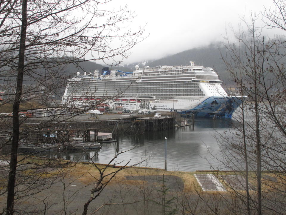 The cruise ship Norwegian Bliss is shown docked in Juneau, Alaska on Monday, April 25, 2022. It is the first large cruise ship of the season to arrive in Alaska. (AP Photo/Becky Bohrer)