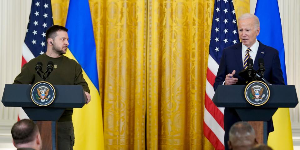 President Joe Biden speaks during a news conference with Ukrainian President Volodymyr Zelenskyy in the East Room of the White House in Washington, Wednesday, Dec. 21, 2022.