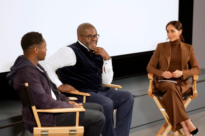  David Oyelowo, Misan Harriman, and Meghan, Duchess of Sussex speak during The After LA Tastemaker | Netflix at a Private Residence on November 15, 2023 in Montecito, California. 