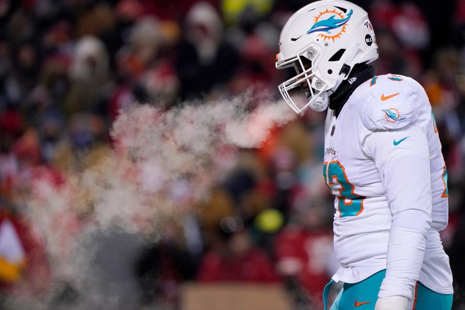 Miami Dolphins guard Austin Jackson walks on the field during the first half of the team's NFL wild-card playoff football game against the Kansas City Chiefs on Saturday, Jan. 13, 2024, in Kansas City, Mo. (AP Photo/Ed Zurga) ORG XMIT: CAJC122