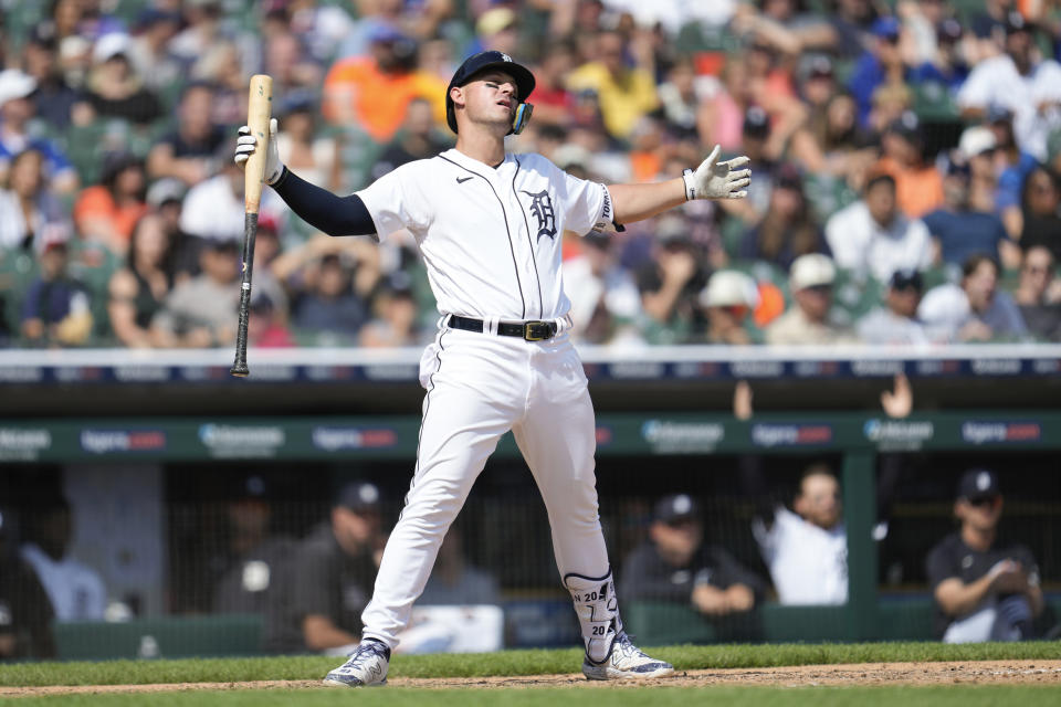 Detroit Tigers' Spencer Torkelson reacts to being called out swinging against the Toronto Blue Jays in the 10th inning of a baseball game, Sunday, July 9, 2023, in Detroit. (AP Photo/Paul Sancya)