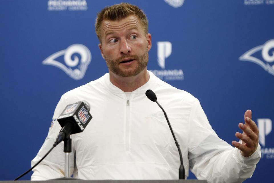 FILE - In this Sept. 8, 2019, file photo, Los Angeles Rams head coach Sean McVay speaks to members of the media following an NFL football game against the Carolina Panthers, in Charlotte, N.C. The New Orleans Saints visit Los Angeles for a rematch of the NFC championship game won by the Rams, but remembered for the no-call that created the opening for Sean McVay's team to storm through. (AP Photo/Brian Blanco, File)