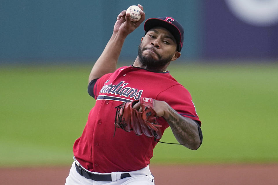 Cleveland Guardians' Xzavion Curry pitches to a Detroit Tigers batter during the first inning in the second baseball game of a doubleheader Friday, Aug. 18, 2023, in Cleveland. (AP Photo/Sue Ogrocki)