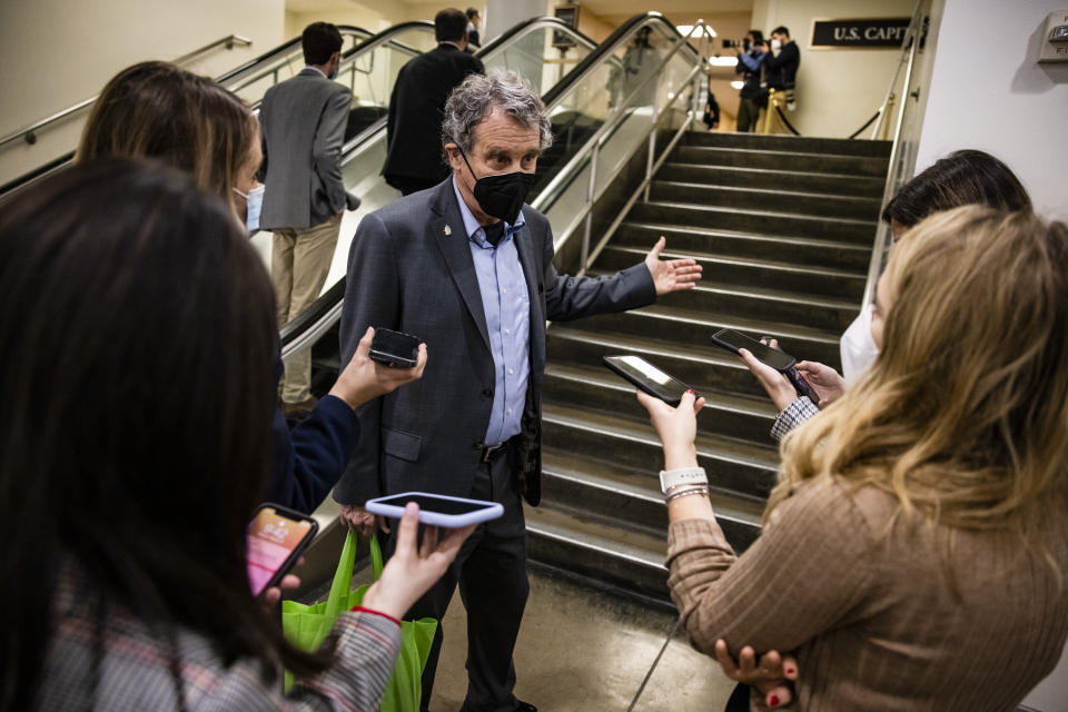 Sen. Sherrod Brown (D-Ohio) talks to reporters in February. He is one of the senators who introduced the American Family Act in 2018, which served as a model for portions of the COVID-19 relief bill set to pass in Congress this week.  (Photo: Samuel Corum via Getty Images)