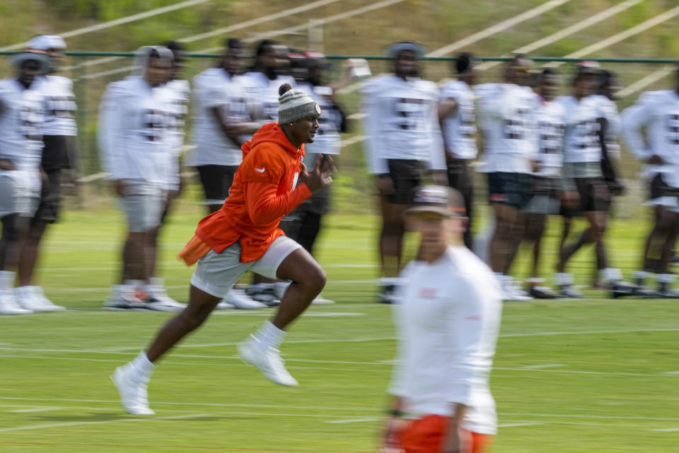 Cleveland Browns' quarterback Deshaun Watson runs drills at the team's NFL football training camp, Saturday, July 22, 2023, in White Sulphur Springs, W.Va. (AP Photo/Chris Carlson)