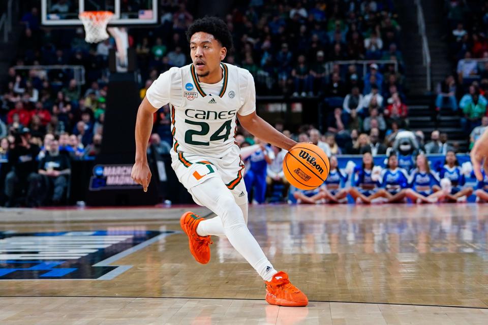 Mar 17, 2023; Albany, NY, USA; Miami Hurricanes guard Nijel Pack (24) controls the ball in the second half against the Drake Bulldogs at MVP Arena.