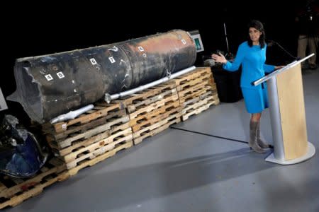 U.S. Ambassador to the United Nations Nikki Haley briefs the media in front of remains of Iranian