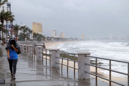 A woman covers herself from the rain as Mexico's Baja California peninsula braces for tropical storm Javier in Mazatlan, Mexico, August 8, 2016. REUTERS/Eduardo Resendiz