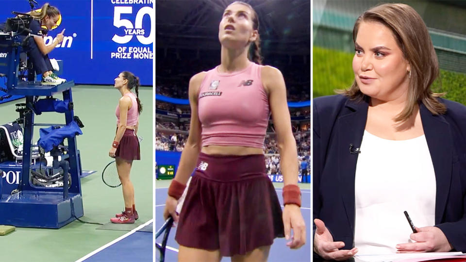 Jelena Dokic and Sorana Cirstea, pictured here confused about Karolina Muchova's break at the US Open.