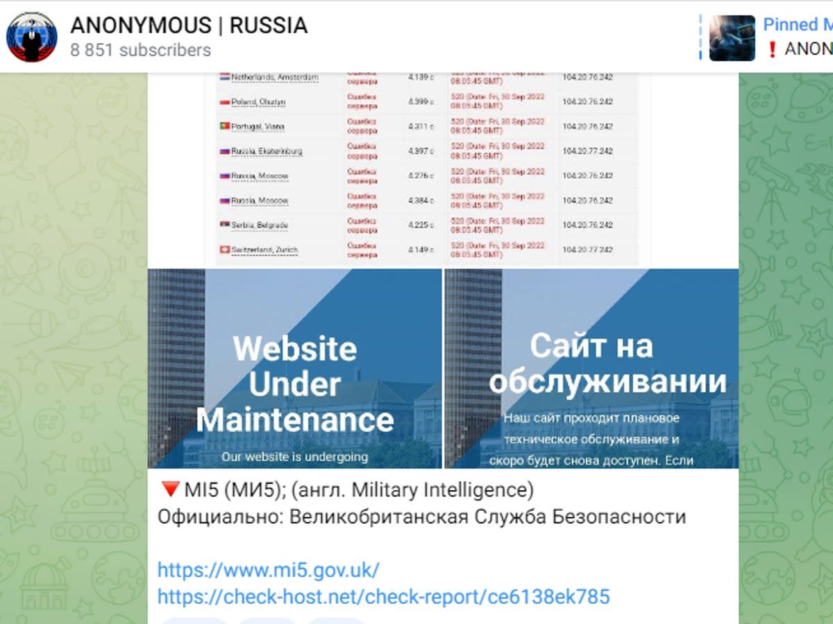 A Telegram post made by Anonymous Russia on 30 September 2022, claiming a DDoS attack that temporarily made MI5’s website unavailable (Telegram)