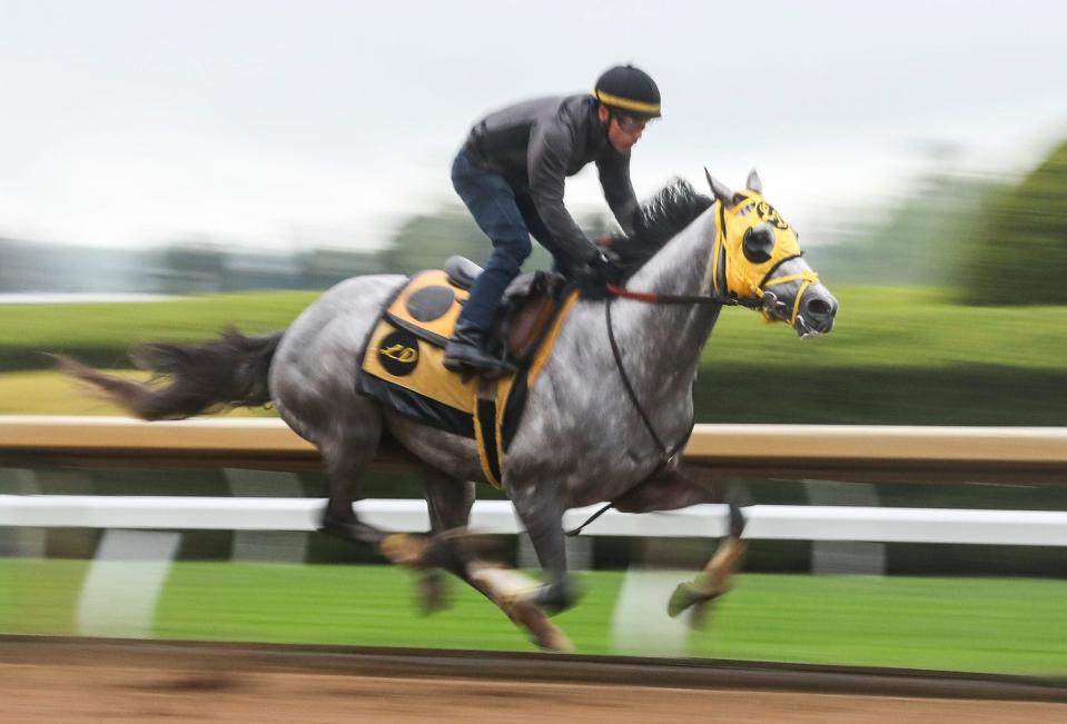 Jockey Jesus Castanon will ride West Saratoga in the 150th running of the Kentucky Derby May 4, 2024. The two train during a morning workout April 19, 2024 at Keeneland in Lexington, Ky.