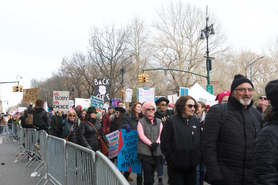 People march in Manhattan during the 2018 Women&rsquo;s March on New York City on Jan. 20, 2018.&nbsp;&nbsp;