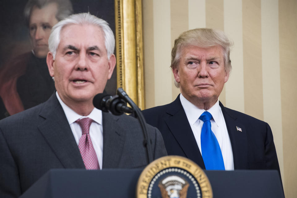 Secretary of State Rex Tillerson speaks as President Trump listens during his ceremonial swearing-in at the White House, Feb. 1, 2017. (Photo: Jabin Botsford/The Washington Post via Getty Images)