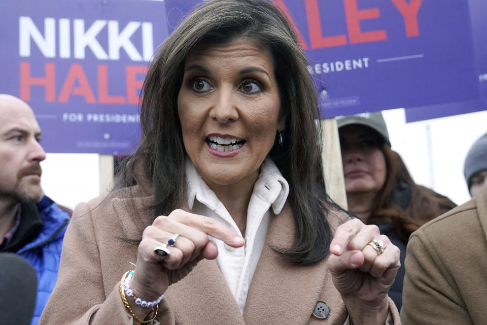 Republican presidential candidate former U.N. Ambassador Nikki Haley addresses members of the media, Tuesday, Jan. 23, 2024, near a polling site at Winnacunnet High School in Hampton, N.H. (AP Photo/Steven Senne)