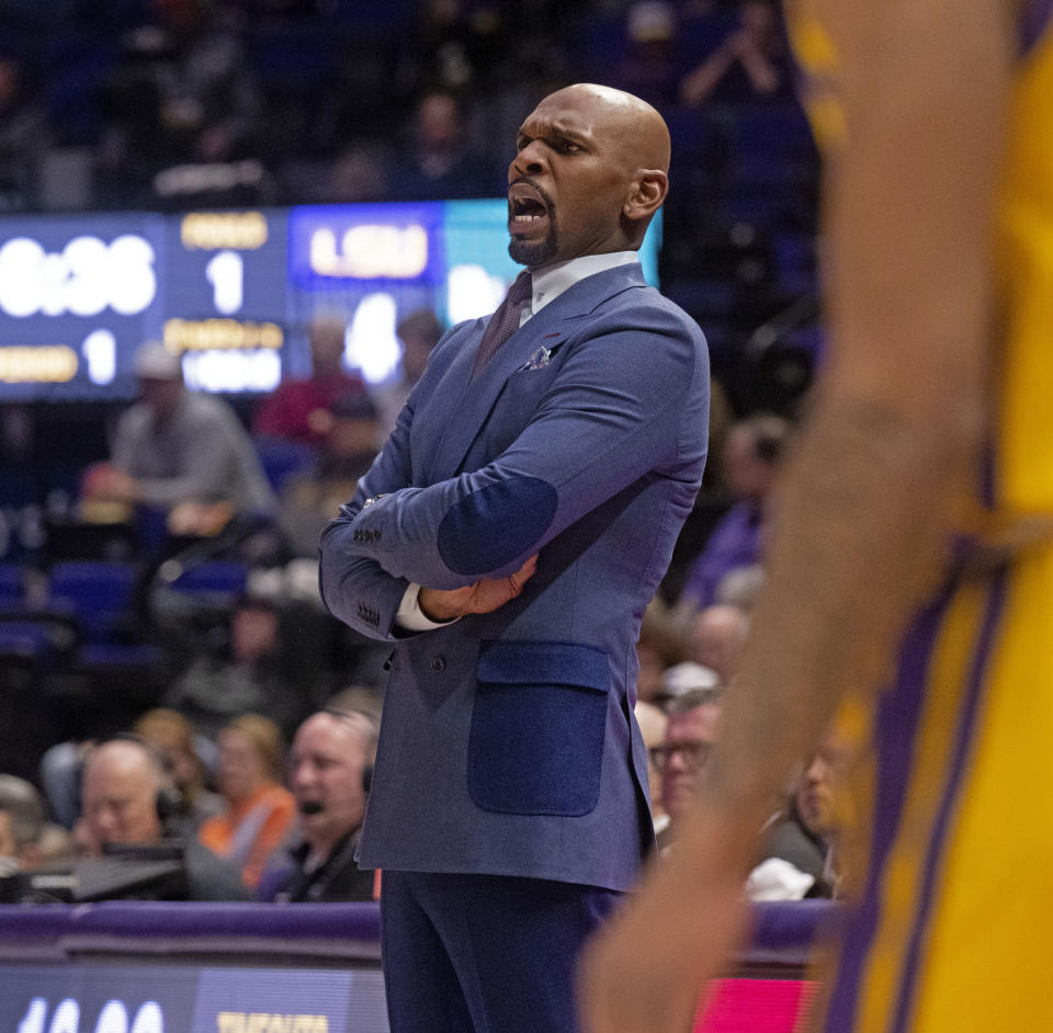 Vanderbilt head coach Jerry Stackhouse watches his team play LSU during an NCAA college basketball game, Tuesday, Jan. 9, 2024 in Baton Rouge, La. (Hilary Scheinuk/The Advocate via AP)