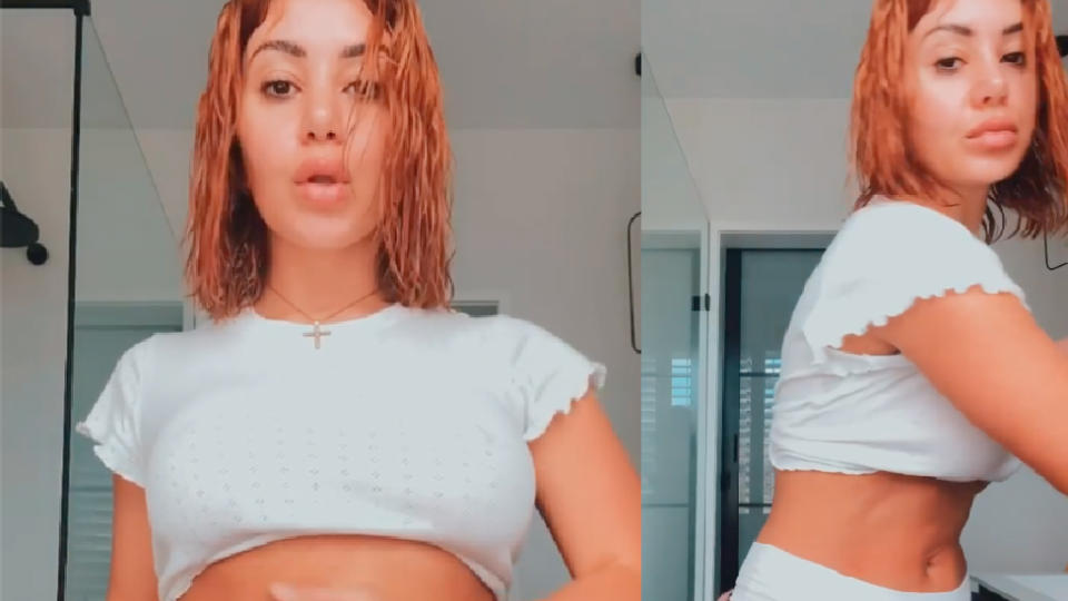Martha Kalifatidis in video showing skincare hack wearing white crop top and undies, fans call her 'chubby'