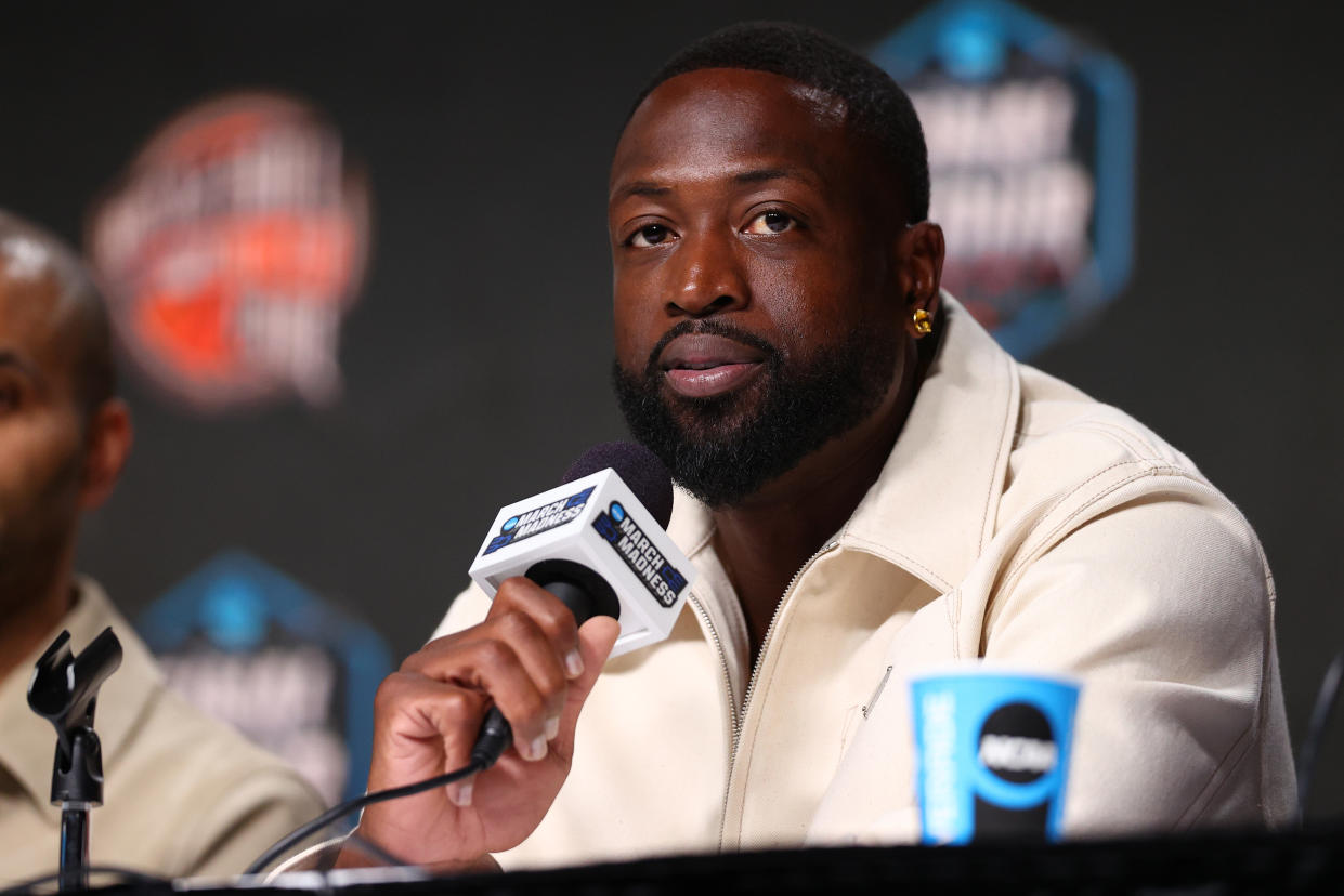 HOUSTON, TEXAS - APRIL 01: Inductee Dwyane Wade speaks during the 2023 Naismith Hall of Fame Press Conference at NRG Stadium on April 01, 2023 in Houston, Texas. (Photo by Tim Bradbury/Getty Images)