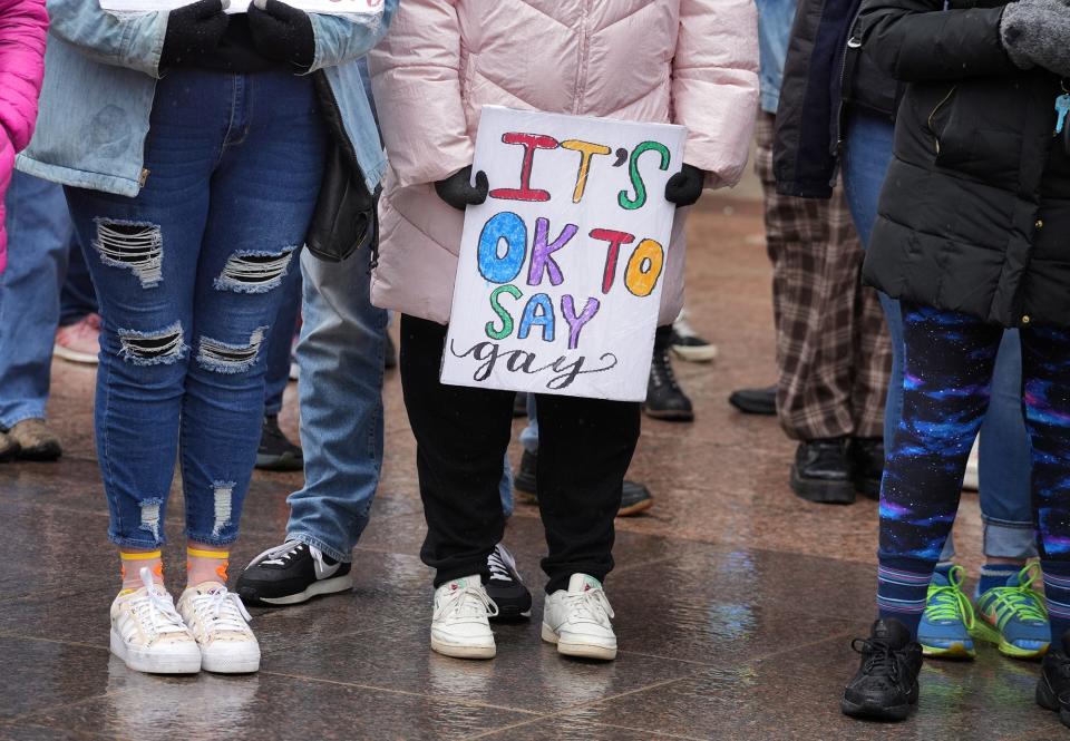 Outside the Ohio Statehouse, people protest against HB 616, Ohio's "Don't Say Gay" Bill on Saturday, April 9, 2022. The bill was just introduced in the House by state Reps. Mike Loychik, R-Bazetta, and Jean Schmidt, R-Loveland.