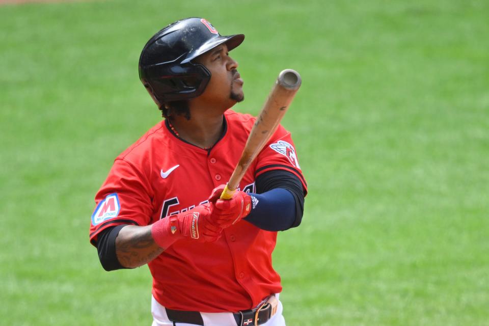 Guardians third baseman Jose Ramirez (11) watches his two-run home run in the sixth inning against the Angels, May 5, 2024, in Cleveland.