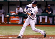 ST. PETERSBURG - JUNE 13: Outfielder Matt Joyce #20 of the Tampa Bay Rays fouls off a pitch against the New York Mets during the game at Tropicana Field on June 13, 2012 in St. Petersburg, Florida. (Photo by J. Meric/Getty Images)