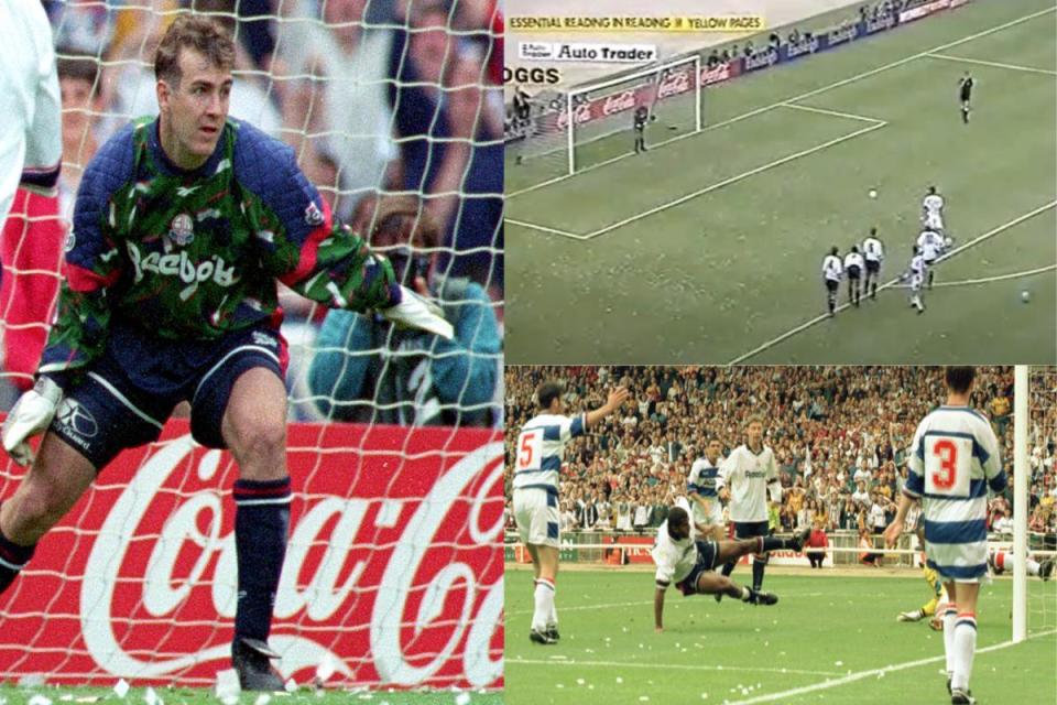 Keith Branagan, left, and Stuart Lovell (top right) getting ready to take his penalty. Bottom right: Fabian DeFreitas volleys home the fourth goal in extra time <i>(Image: PA)</i>
