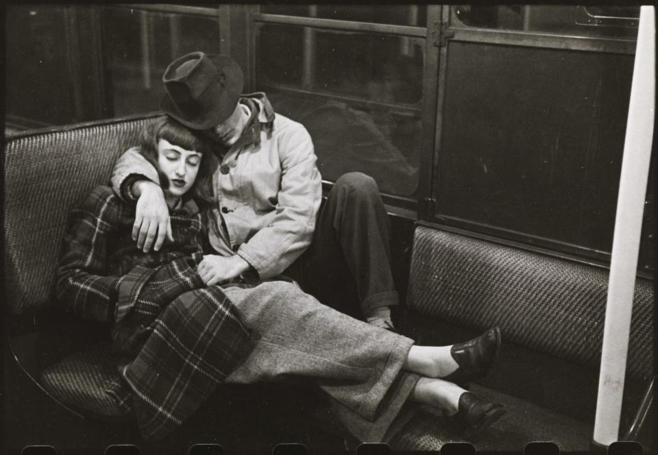 This photo of a young couple is from Kubrick’s photo series, “Life and Love on the New York City Subway” from 1947. His assignments ranged from teen couples to marital jealousy and unsuspecting subway portraits. “When Kubrick started out selling his photos, he sometimes staged them with his friends on subway platforms or in movie theatres,” says Corcoran. “Photographic assignments taught him to tell a story, or reveal a character, through photos.”