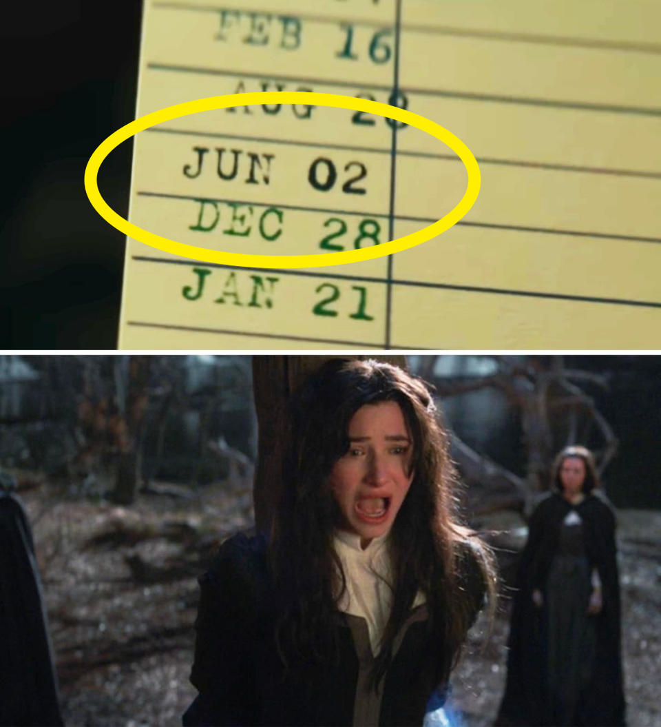 A close-up of a date list with entries "Feb 16," "Aug 28," "Jun 02," "Dec 28," and "Jan 21." Below, a woman in distress screams with a serious, darkly dressed woman in the background