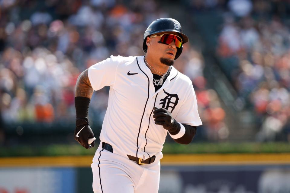 Detroit Tigers shortstop Javier Báez looks on after hitting a home run during the game against the Minnesota Twins at Comerica Park on April 14, 2024, in Detroit, Michigan.
