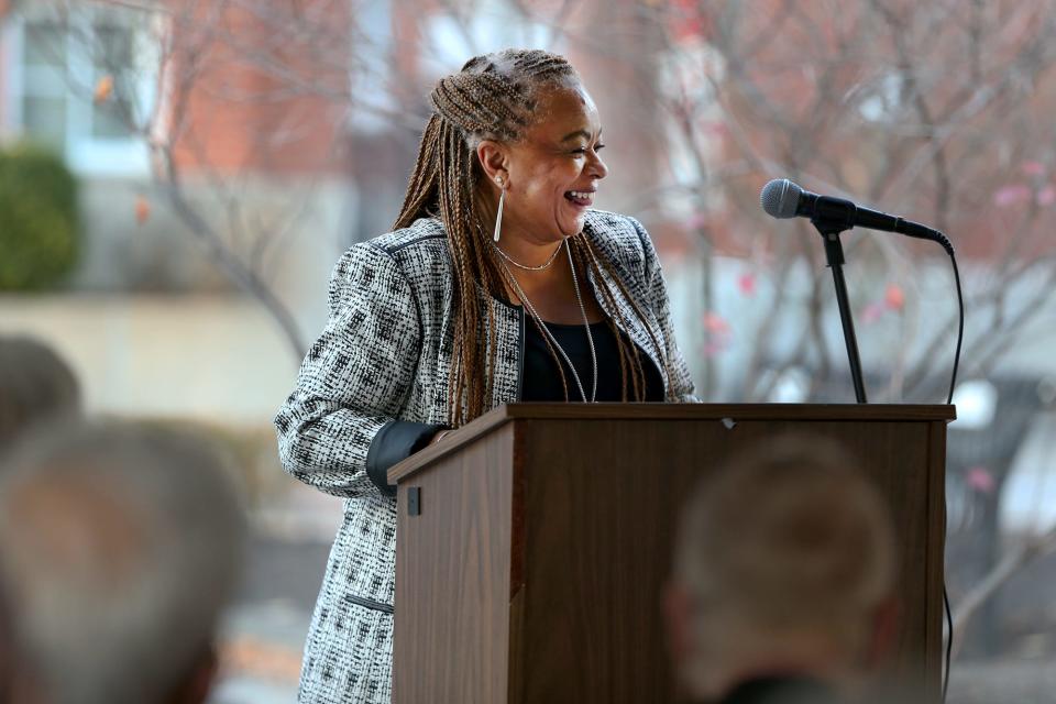 Black Heritage Trail of New Hampshire Executive Director JerriAnne Boggis speaks before the unveiling of the Pomp and Candace Spring marker in Portsmouth Thursday, Nov. 18, 2021.
