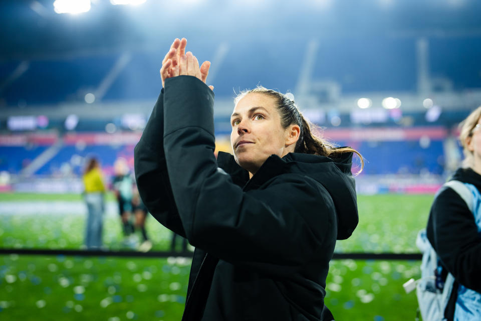 HARRISON, NJ - MARCH 15: Kelly O'Hara #5 of New Jersey/New York Gotham FC after the 2024 NWSL Challenge Cup vs. San Diego Wave FC game at Red Bull Arena on March 15, 2024 in Harrison, New Jersey. expresses gratitude to the audience.  (Photo by Evan Yu/Getty Images)
