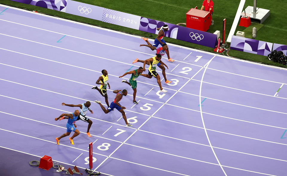 Noah Lyles, pictured here crossing the finish line first in the 100m final.